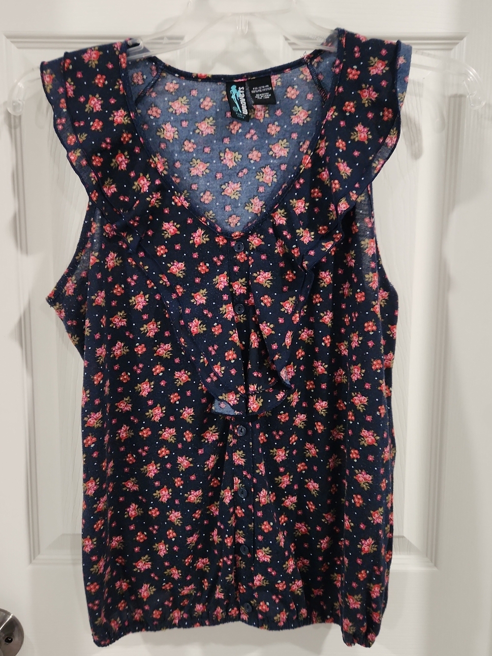 VTG Y2K Weavers Floral Ruffle Blouse Womens XL Navy Blue Sleeveless Tank Top